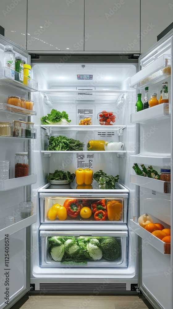 Organized refrigerator with fresh produce and beverages. Organized refrigerator with fresh produce and beverages.