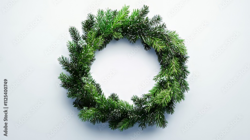 Top view of pine tree wreath with christmas decorations and round blank space in middle isolated on white. christmas wallpaper. Ultra realistic. Photorealistic Top view of pine tree wreath with christmas decorations and round blank space in middle isolated on white. christmas wallpaper. Ultra realistic. Photorealistic