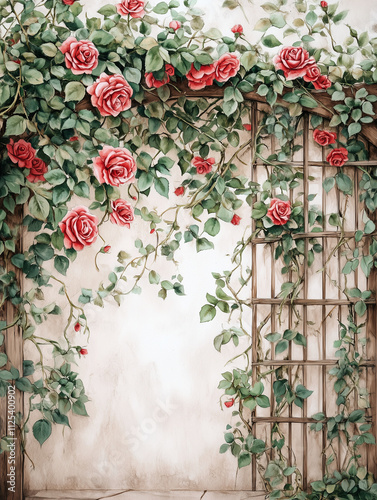 Roses climbing on a wooden trellis against a textured wall  