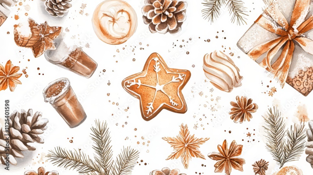 Watercolor seamless pattern on the christmas theme. gingerbread, decorations, branches, cocoa and gifts. christmas wallpaper. Ultra realistic. Photorealistic Watercolor seamless pattern on the christmas theme. gingerbread, decorations, branches, cocoa and gifts. christmas wallpaper. Ultra realistic. Photorealistic