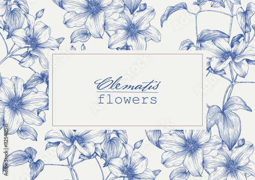 Vintage Vector floral toile illustration Clematis flowers, bloom branches. Blue beige. Hand drawn elements. Elegant floral frame. Background for design greeting card, invitation, wedding decor, poster
