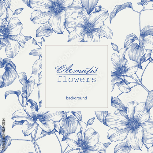 Vintage Vector floral toile illustration Clematis flowers. Blue and beige. Square frame. Hand drawn engraved elements. Background for design wedding, invite, greeting card, branding