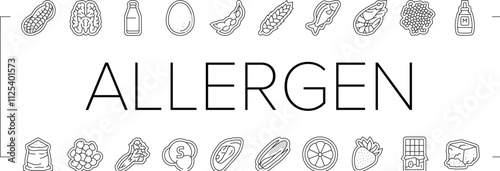 allergen product food free icons set vector. gluten organic, product gmo, label cosmetic, sugar allergy, cruelty allergen product food free black contour illustrations