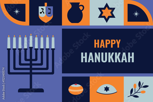 Happy Hanukkah. Modern vector geometric design for banner, postcard. Menorah, kippah, dreidel, jug, olive branch, donut, star of David and candle.	