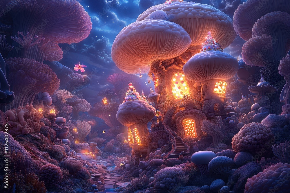 Magical fairy-tale mushroom houses glowing warmly in an enchanting and otherworldly forest at twilight. Mystical and whimsical atmosphere.