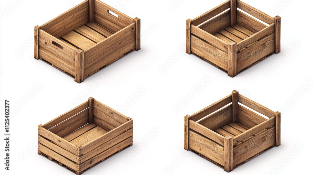 Wooden crates set isolated on white background. Vector realistic illustration of empty containers for storage of goods and harvest, natural packing and transportation trays, isometric and side view Wooden crates set isolated on white background. Vector realistic illustration of empty containers for storage of goods and harvest, natural packing and transportation trays, isometric and side view