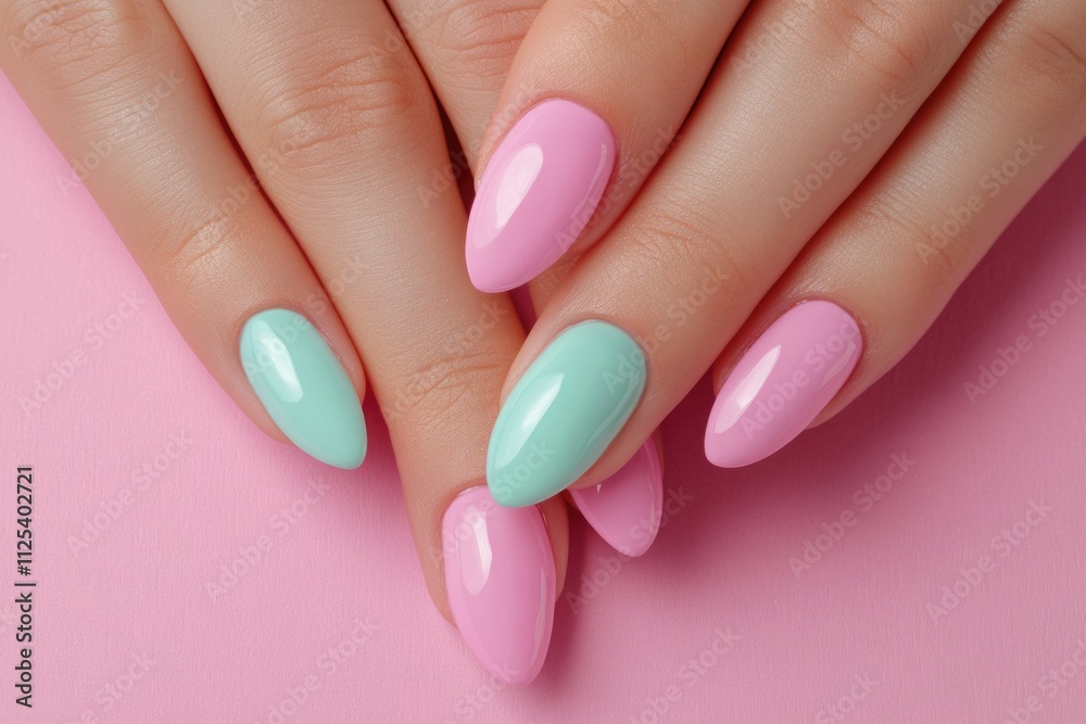 Elegant Female Hands with Glossy Pastel Manicure on Soft Pink Background Elegant Female Hands with Glossy Pastel Manicure on Soft Pink Background