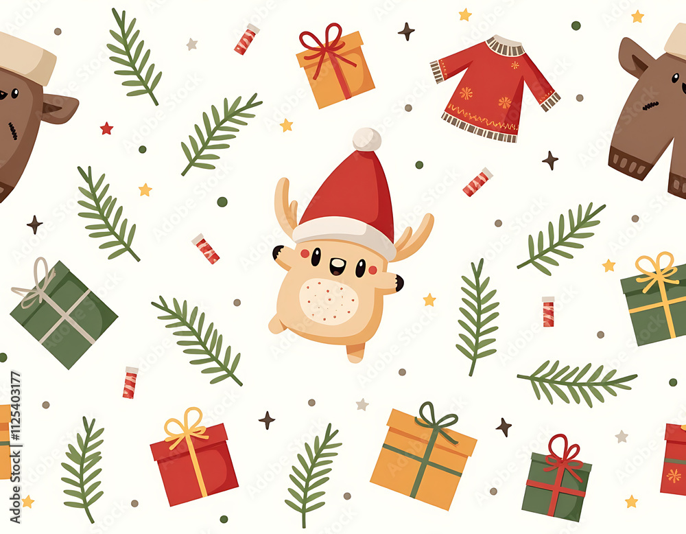 Cozy Christmas scene with cute elements, soft winter clothing, treats, pine branches, and colorful gift boxes in a festive pattern._00001_ Cozy Christmas scene with cute elements, soft winter clothing, treats, pine branches, and colorful gift boxes in a festive pattern._00001_