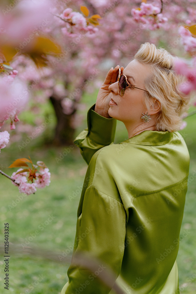 Fototapeta premium A blonde woman in green outfit poses surrounded by cherry blossoms outdoors