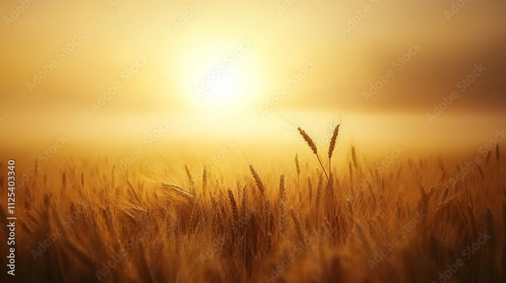 Morning fog rolling over golden wheat fields with a pale sunrise. Morning fog rolling over golden wheat fields with a pale sunrise.