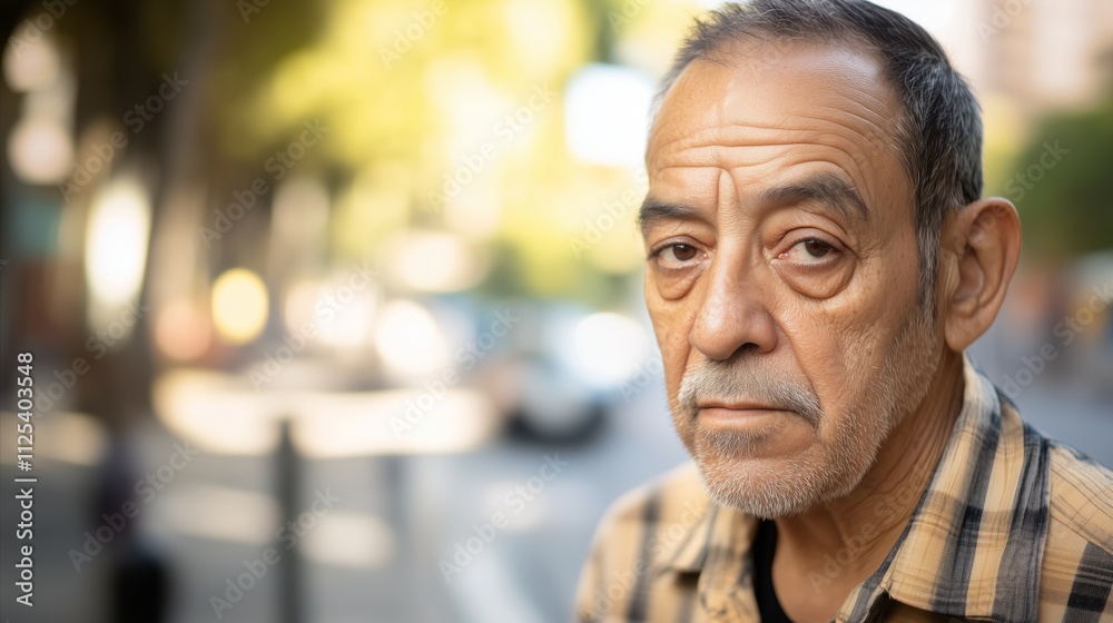 Man with a beard and mustache is standing on a sidewalk Man with a beard and mustache is standing on a sidewalk