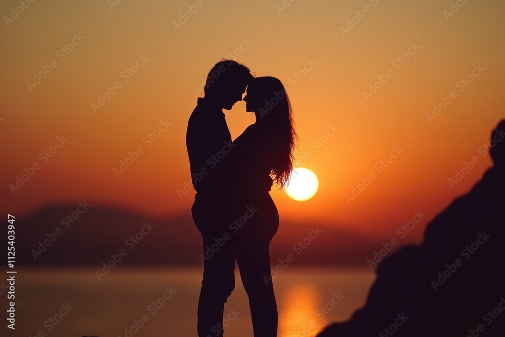 Romantic Silhouette of a Happy Couple Embracing at Sunset on the Beach Romantic Silhouette of a Happy Couple Embracing at Sunset on the Beach