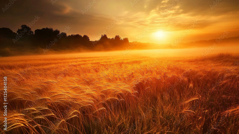 Fototapeta premium Morning fog rolling over golden wheat fields with a pale sunrise.