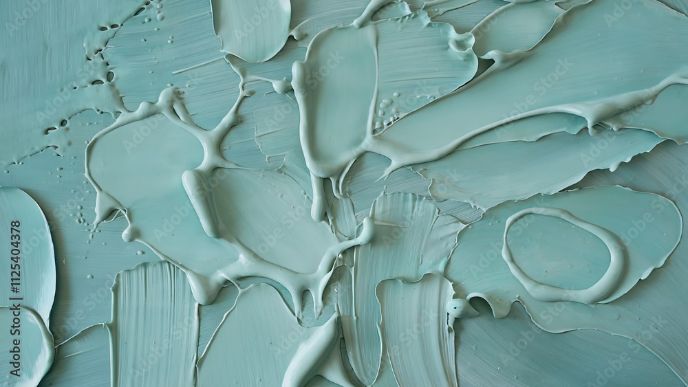 Obraz premium Vibrant Abstract Painterly Composition of Light Teal-Blue Paint Splashes and Blots on White Background, Textured and Spontaneous with Dynamic Movement