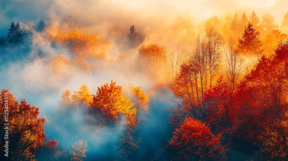 Morning fog settles over autumn woods as sunlight highlights vivid colors of fall leaves