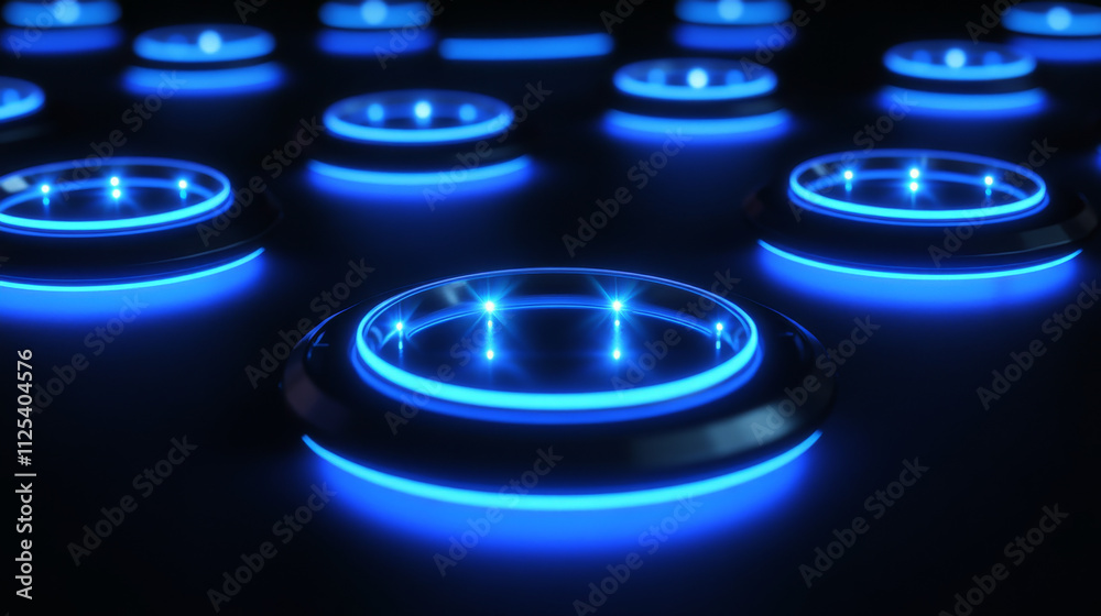 Neon blue light circles set isolated on black background. Vector realistic illustration of round platforms with protective dome, hologram portal, bright energy sparkles, futuristic space teleport Neon blue light circles set isolated on black background. Vector realistic illustration of round platforms with protective dome, hologram portal, bright energy sparkles, futuristic space teleport