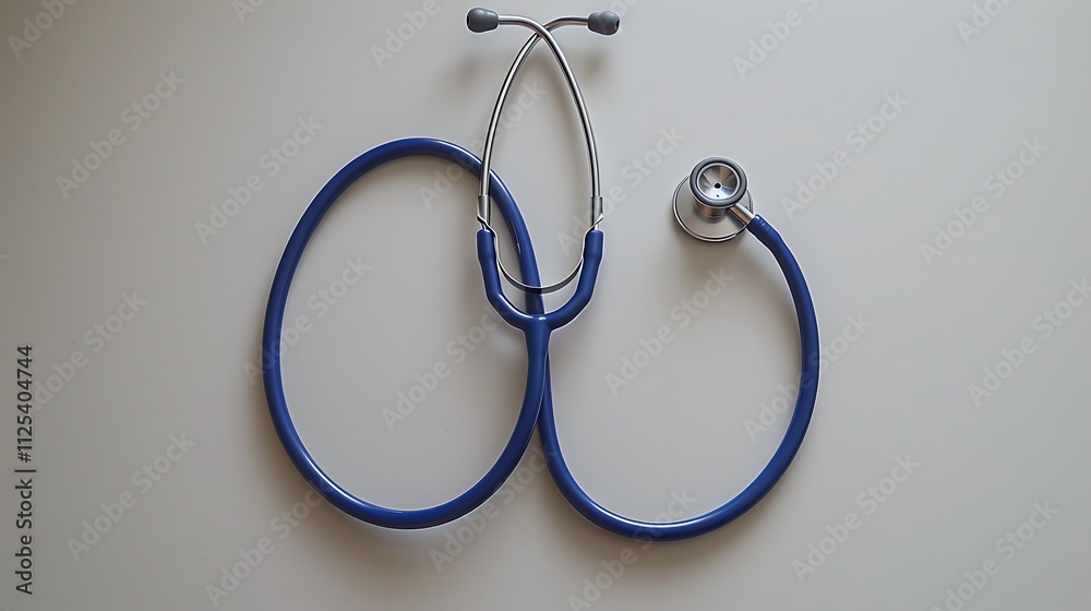 : A stethoscope neatly coiled on a clean white surface : A stethoscope neatly coiled on a clean white surface