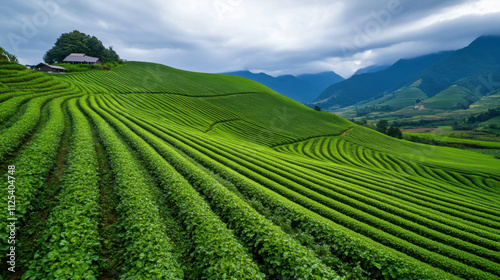 Fertile farmland covered in rows of green vegetables, vibrant and healthy