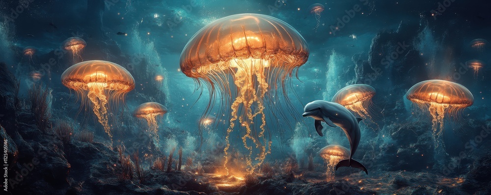 Ethereal underwater world with glowing jellyfish and a playful dolphin amidst stunning coral reefs, creating a magical marine vista. Ethereal underwater world with glowing jellyfish and a playful dolphin amidst stunning coral reefs, creating a magical marine vista.