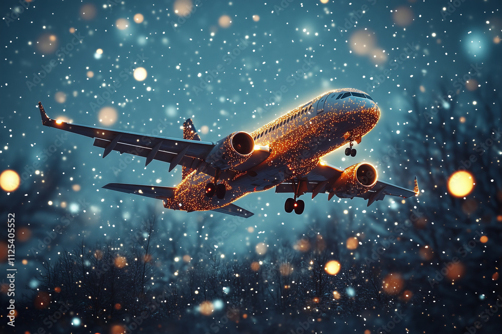 Whimsical journey of a decorated airplane in a snowy night sky Whimsical journey of a decorated airplane in a snowy night sky