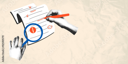 Document review halftone collage banner template with copy space. Cut out hands making grammar, spelling check, searching for mistakes, proofreading paper. Modern retro vector illustration