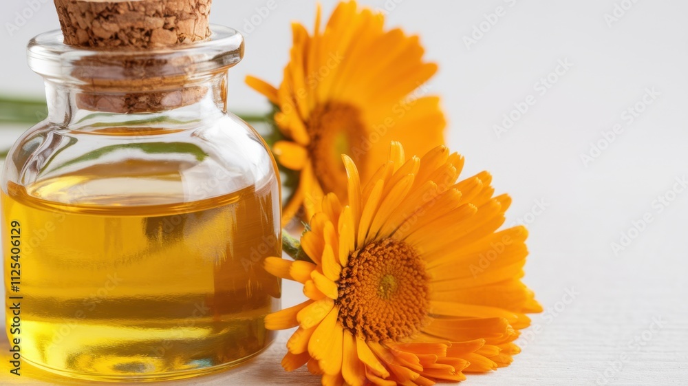 Promotional photo of pure calendula oil with golden shades and a subtle warm aroma. Oil in a transparent bottle, next to calendula flowers.