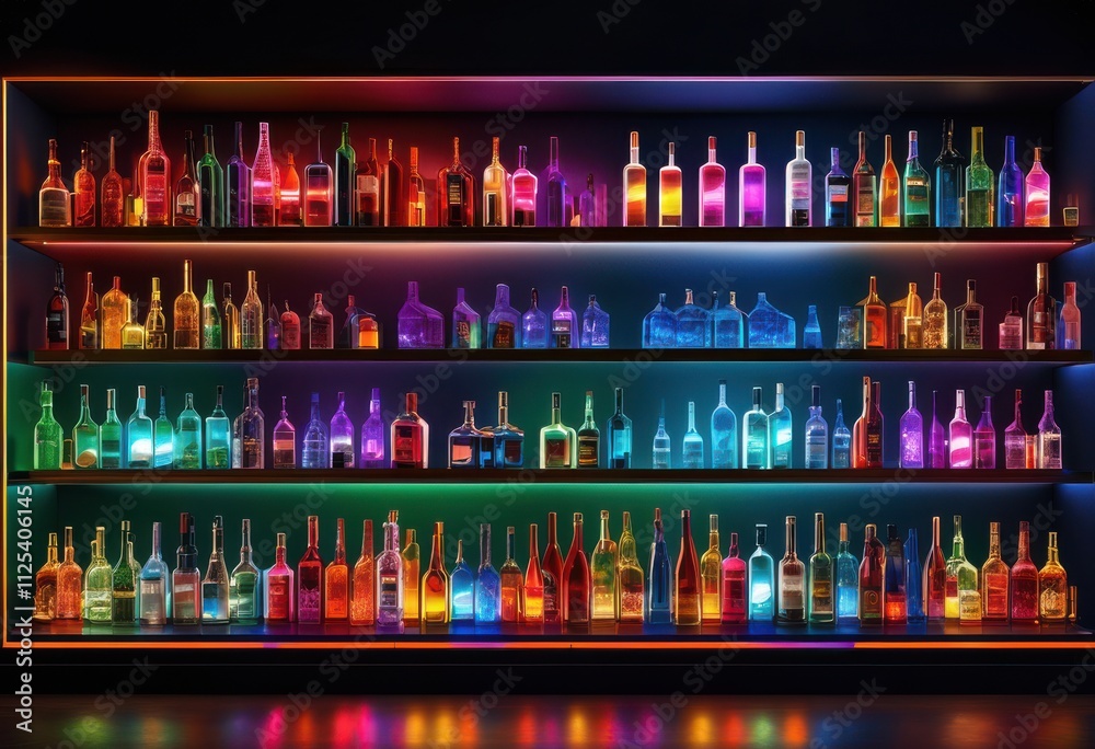 lively led lit bar shelves showcasing vibrant array colorful bottles modern setting inviting atmosphere, lighting, design, interior, furniture, decor
