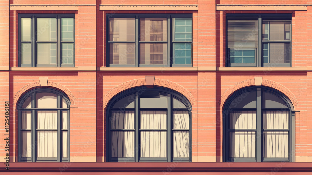Classic arched windows on red brick wall with curtains and blinds, city reflection in glass. Cartoon vector illustration of apartment building facade. Urban architecture background. Real estate Classic arched windows on red brick wall with curtains and blinds, city reflection in glass. Cartoon vector illustration of apartment building facade. Urban architecture background. Real estate