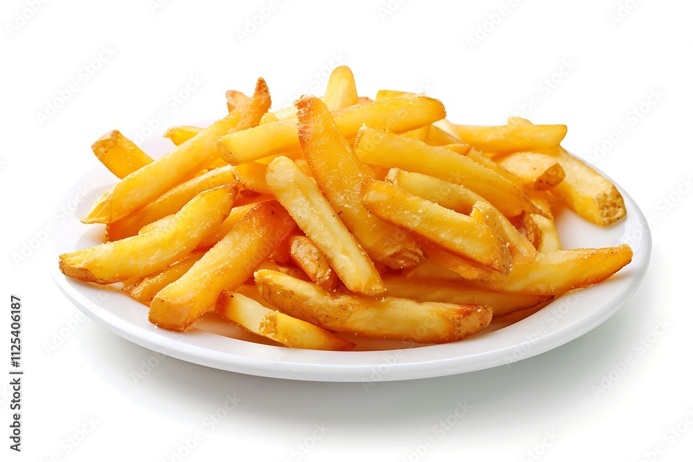 Golden French fries potatoes on a white plate isolated on white background. Golden French fries potatoes on a white plate isolated on white background.