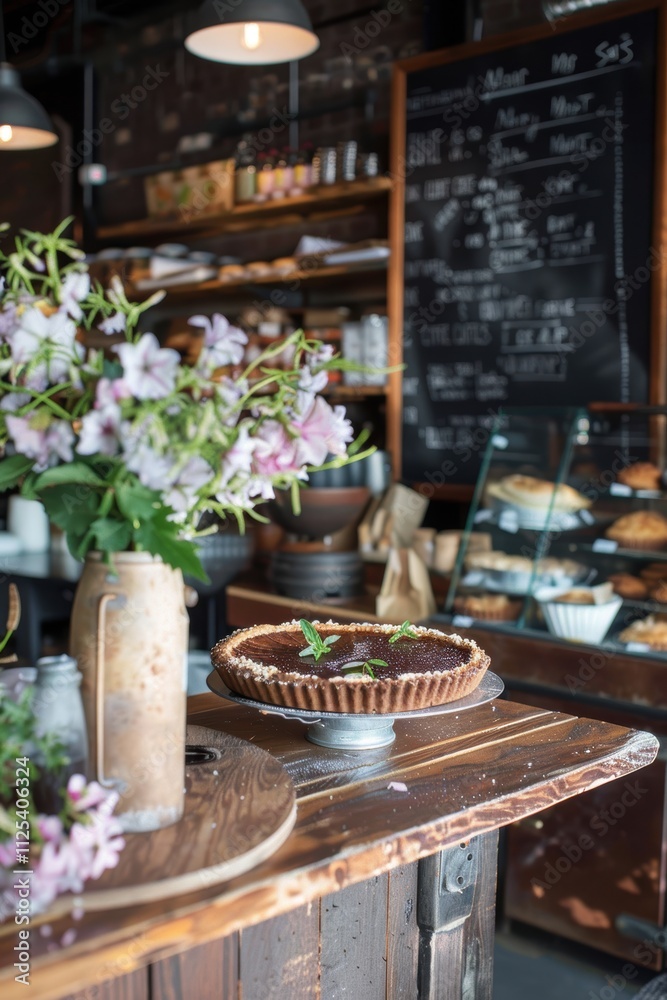 Naklejka premium Rustic Bakery Counter with Mocha Mousse Tart and Chalkboard Menu Display