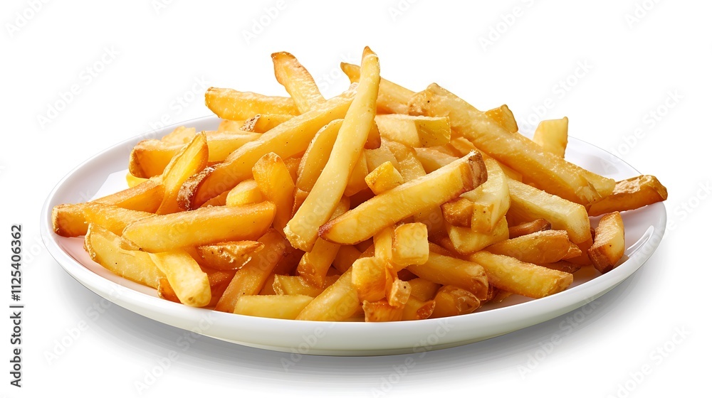 Golden French fries potatoes on a white plate isolated on white background. Golden French fries potatoes on a white plate isolated on white background.