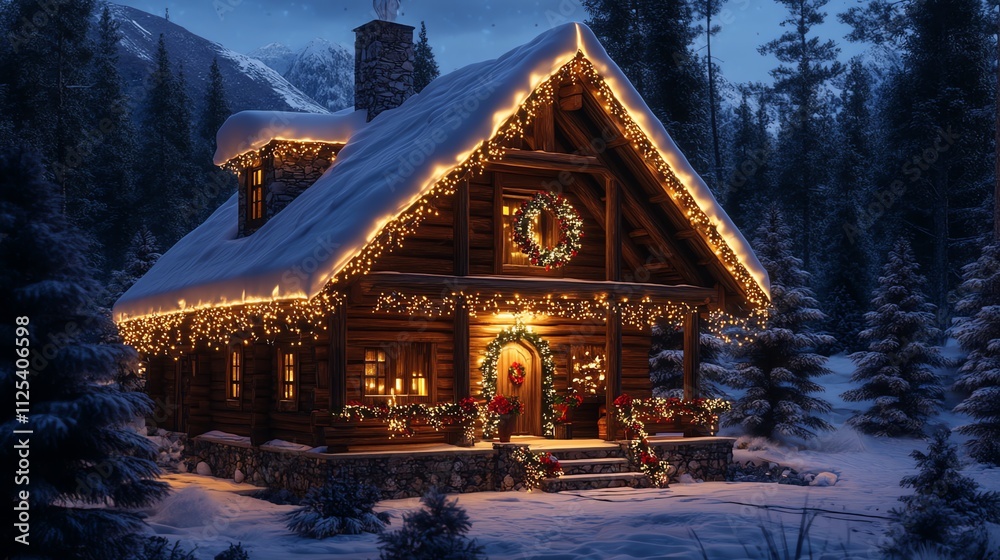 Cozy Snow-Covered Cabin with Festive Christmas Lights in a Winter Wonderland Cozy Snow-Covered Cabin with Festive Christmas Lights in a Winter Wonderland