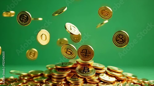 A handful of radiant coins tumbles creating a golden arc. Green screen chromakey