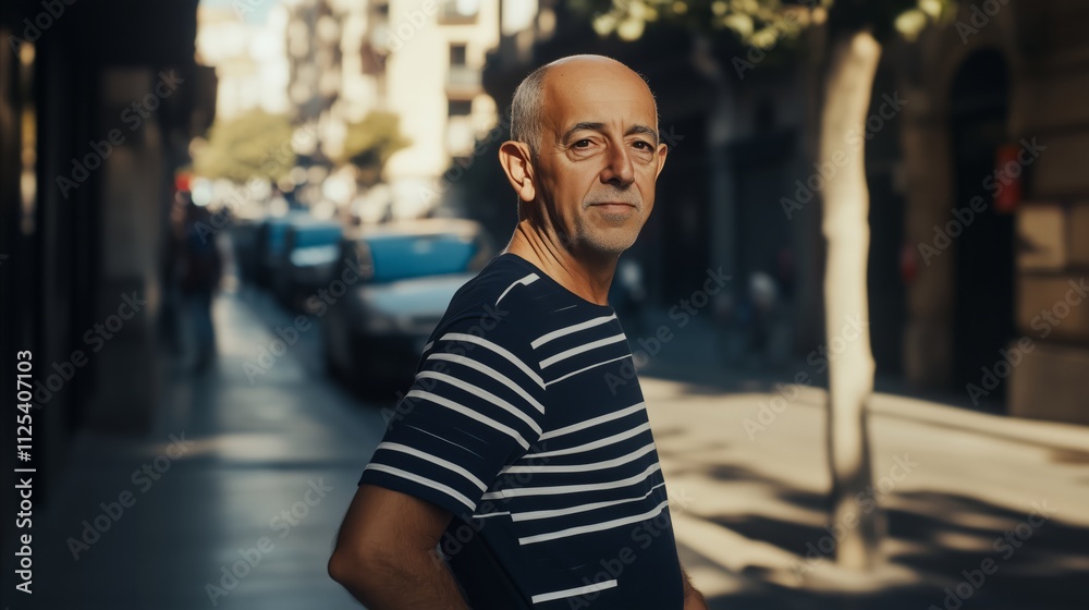 Man wearing a striped shirt stands on a sidewalk Man wearing a striped shirt stands on a sidewalk
