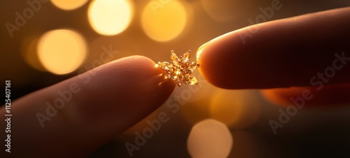 Golden Sparkle: A Close-Up of a Delicate Jewel Held Between Fingers