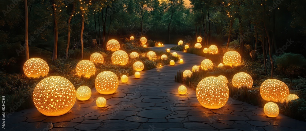Fototapeta premium Glowing lanterns in various sizes illuminate a winding pathway surrounded by lush greenery, creating a dreamy night scene.