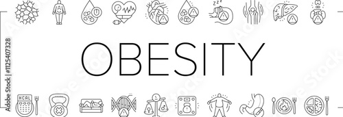 obesity overweight fat obese icons set vector. weight body, woman belly, diet lifestyle, health person, loss healthy, fit obesity overweight fat obese black contour illustrations