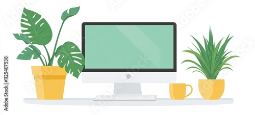 Serene Home Office Workspace with Plants and Computer