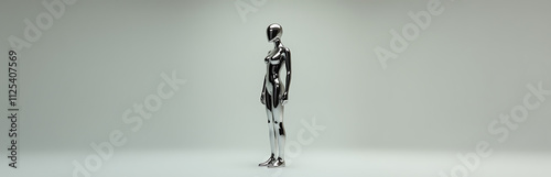 A sleek futuristic chrome mannequin stands isolated, its shiny metal surface glistening like a liquid human sculpture from a bygone era._00001_ photo