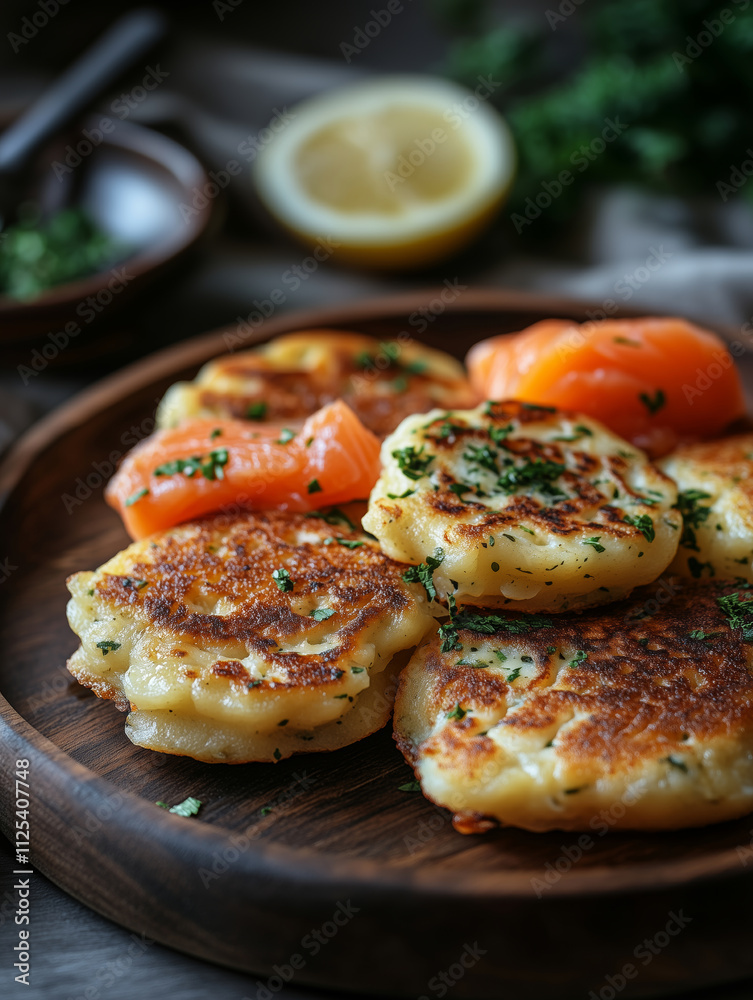 Delicious potato pancakes topped with red fish served on a rustic wooden plate