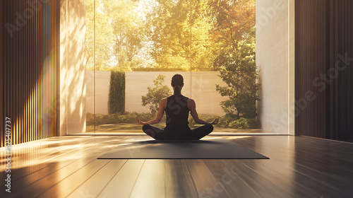 Woman meditating in lotus pose on yoga mat, facing large window overlooking tranquil autumn garden.