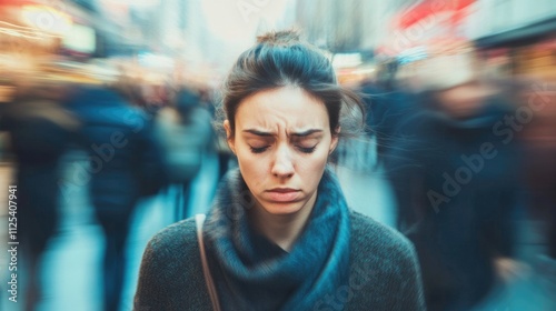 Overwhelmed by Panic: Woman Hiding Her Face in a Crowded City Street, Struggling with Fear and Anxiety Amidst the Flow of People