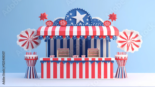 Colorful carnival booth with red, white, and blue decorations, perfect for festive events, parties, or american-themed celebrations. Carnival. Illustration photo