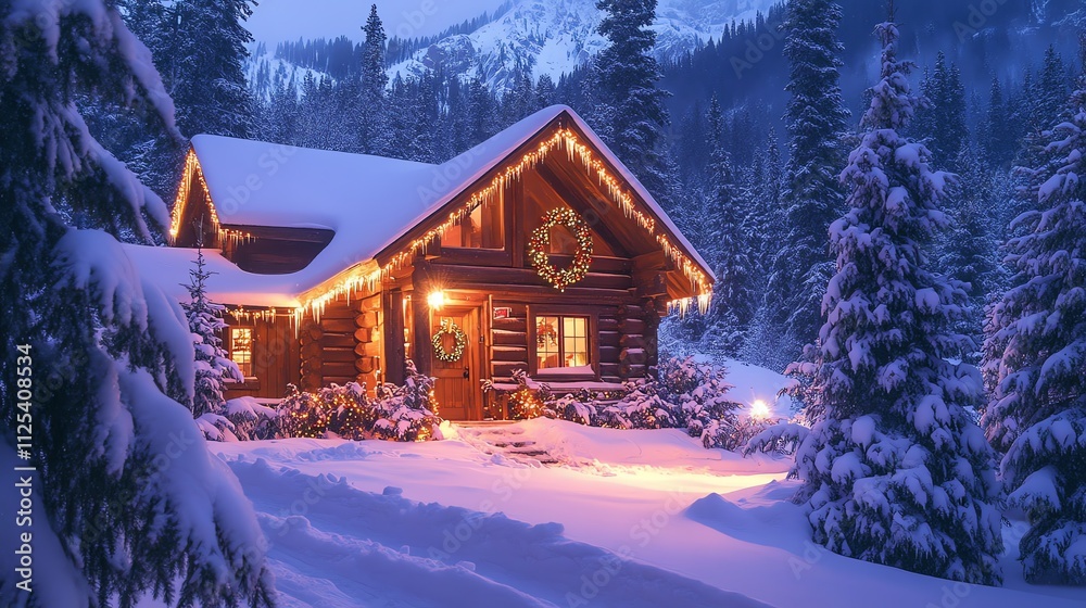 Naklejka premium Cozy Snow-Covered Cabin with Festive Christmas Lights in a Winter Wonderland