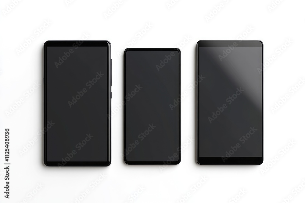 Sleek Black Mobile Devices: Smartphone and Tablet with Empty Displays for Multimedia Showcase Sleek Black Mobile Devices: Smartphone and Tablet with Empty Displays for Multimedia Showcase