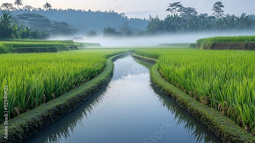 Serene sunrise over misty rice paddies, water channels reflecting tranquil landscape.