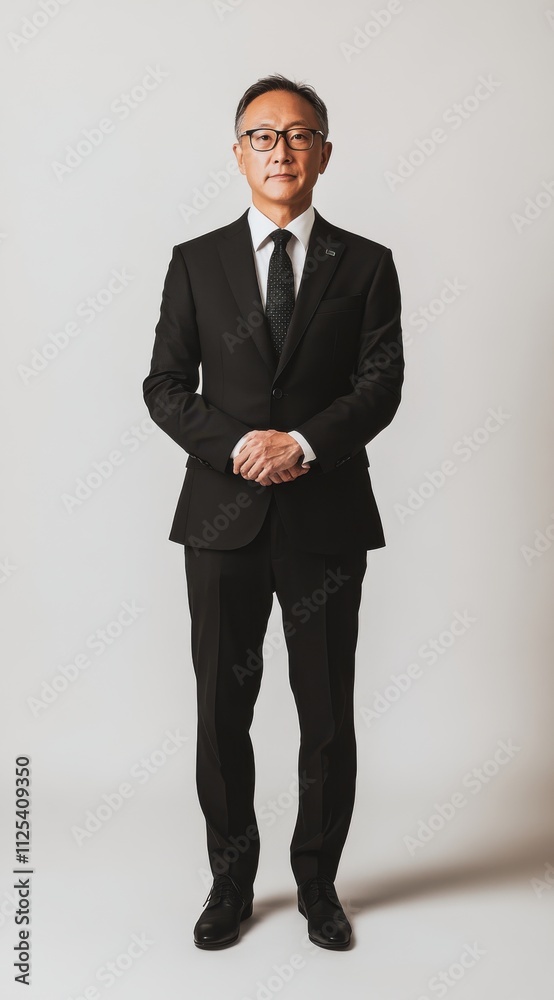 Full-Body Photo of Asian Man in Black Suit and Tie with Glasses and Folded Hands Full-Body Photo of Asian Man in Black Suit and Tie with Glasses and Folded Hands