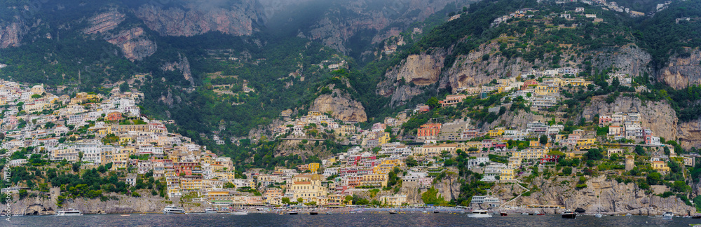 A view from the sea of a small, colorful town A view from the sea of a small, colorful town