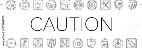 product caution label warning icons set vector. odor control, reversible, automatic shut down, lightweight, indoor use only product caution label warning black contour illustrations
