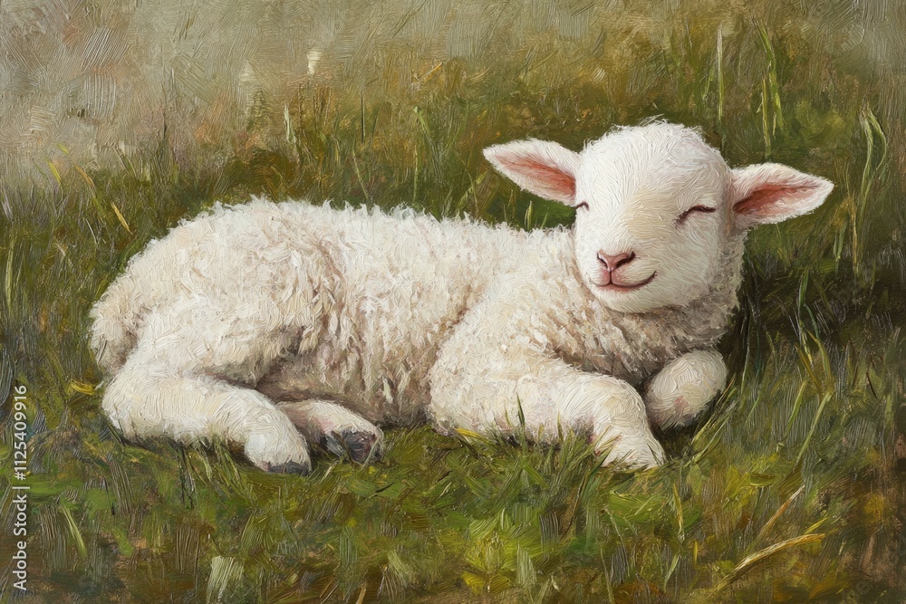 Cuddly Newborn Lamb Nestled on Soft Green Grass, Enjoying the Warm Sunshine Cuddly Newborn Lamb Nestled on Soft Green Grass, Enjoying the Warm Sunshine